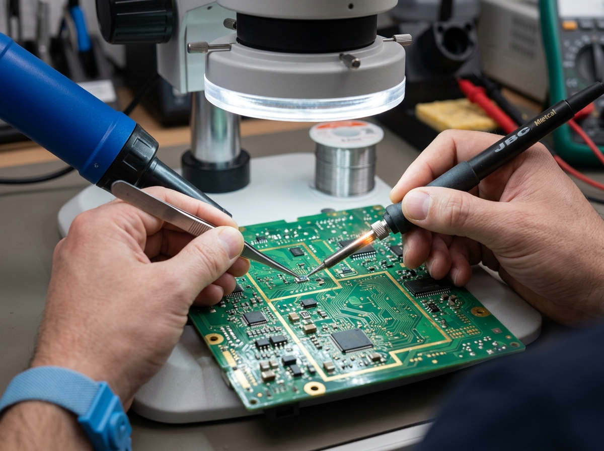 Micro-soldering logic board repair under microscope